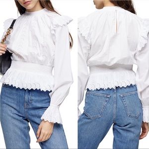 Topshop White Ruffle Eyelet Embroidered Blouse Size 4 Small Long Sleeve Smocked